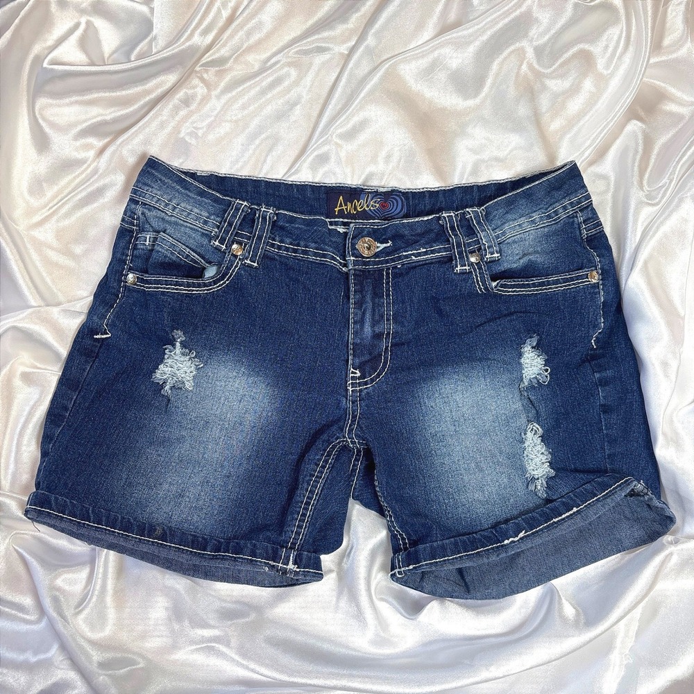 Angels Forever Young Womens Distressed Denim Shorts Dark Wash Thick Stitch Sz 11